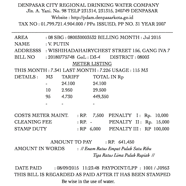 Water Bills and Charges in Bali
